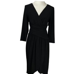 Eliza J Black Feminine Tulip Hem 3/4 Sleeve Dress Size 10 FauxWrap Chic Cocktail